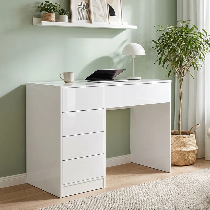 Bellamio 'Livny' Schreibtisch mit 5 Schubladen, beidseitig montierbar, weiß Hochglanz, 80x53x110 cm, Computertisch mit Stauraum, Bürotisch mit Push-to-open, geeignet als Schminktisch – Bild 1