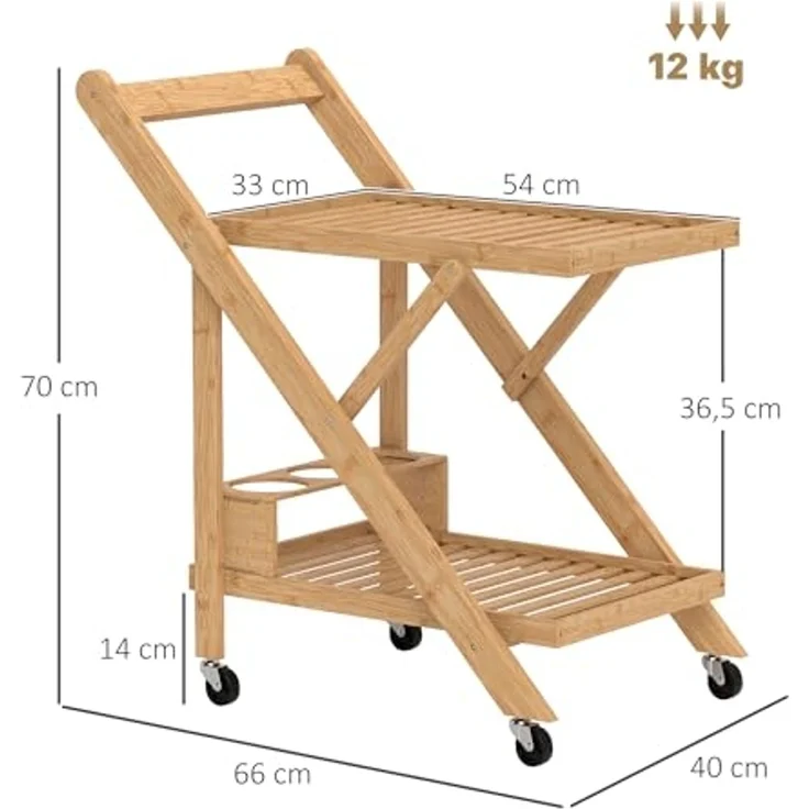 HOMCOM Servierwagen Küchenwagen mit Weinregal, Arbeitsplatte, 2 Ebenen, (Rollwagen, 1 St, Küchenwagen), für Büro, Küche, Wohnzimmer, 66 x 40 x 70 cm, Bambus, Natur – Bild 7