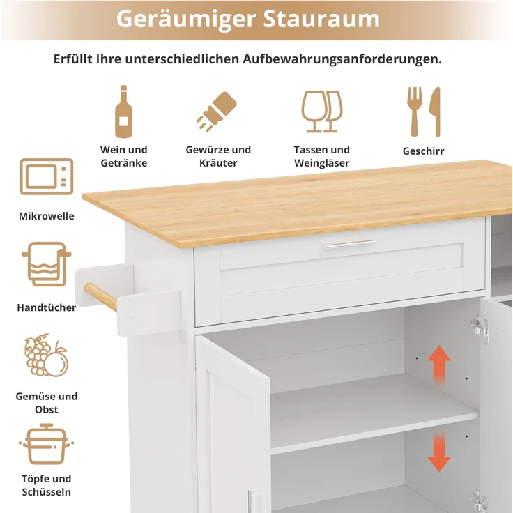 Küchenwagen mit Klappplatte 132,5 x 44/70 x 90 cm, MDF in Weiß/Eiche-Optik, auf Rollen – Bild 7