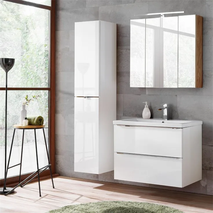 Badezimmermöbel Set mit 80cm Keramik-Waschtisch TOSKANA-56 Hochglanz weiß BxHxT ca. 135/190/46cm
