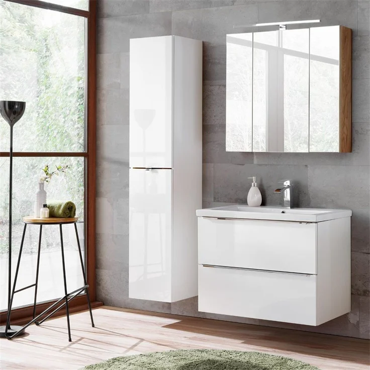 Badezimmermöbel Set mit 80cm Keramik-Waschtisch TOSKANA-56 Hochglanz weiß BxHxT ca. 135/190/46cm – Bild 1