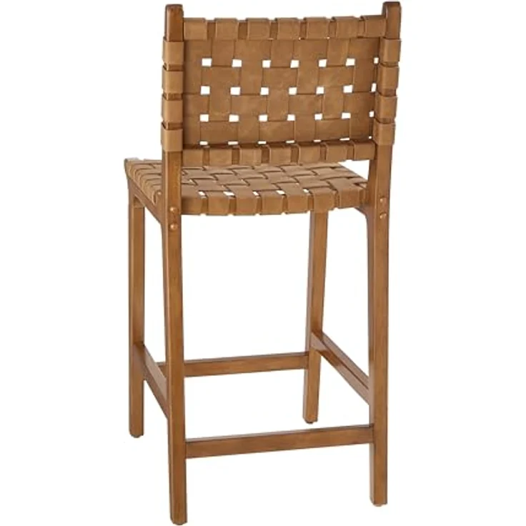 Ball & Cast PU Leder gewebt Counter Hocker, Holzrahmen Küche Insel Barhocker mit Fußstütze, Rückenlehne Geflecht Hocker-Stuhl für das Esszimmer, Braun – Bild 5