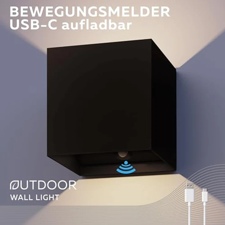 CALEX Volterra Wandleuchte, Akkuleuchte für Innen & Außen mit Bewegungsmelder, warmweißes Up & Down Licht, USB-C, kabellos, wasserdicht, Schwarz – Bild 2