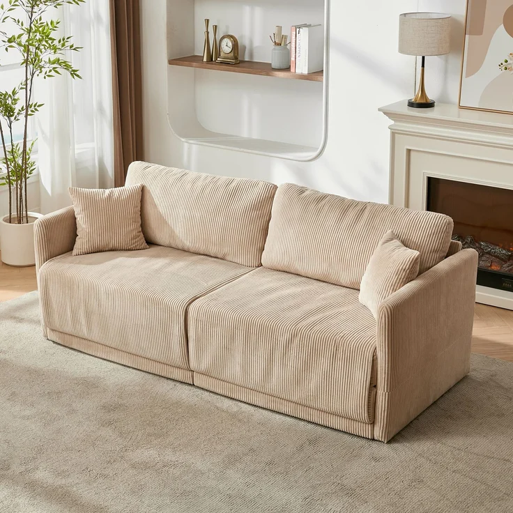 Wohnora-Moderne minimalistische Stoffsofa mit multifunktionaler Umwandlung – Komfortables Schlafsofa für Wohnzimmer, Büros und Studios, klappbares Doppelschlafsofa für kleine Wohnungen,H 84cm x T 182cm x B 88cm,Beige – Bild 4