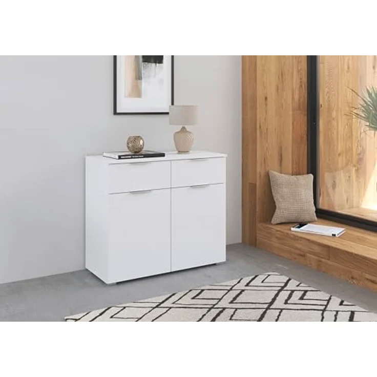 Rauch Möbel Alabama, Kommode für Schlafzimmer, Kinderzimmer, Garderobe, Flur, 2-türig, mit 2 Schubladen, Soft-Close-Funktion, Farbe Weiß, Griff Alufarben, Maße 80 x 81 x 42 cm – Bild 3