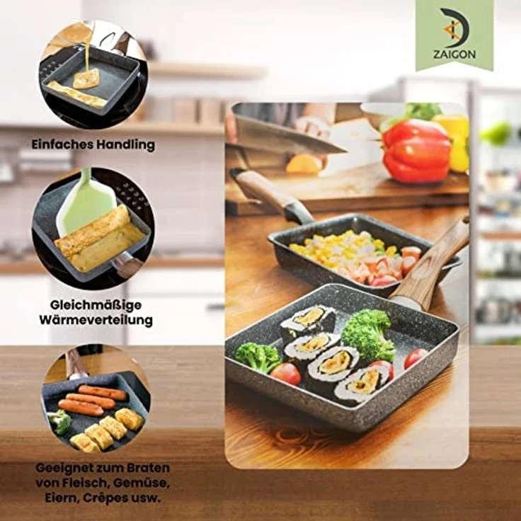 Zaigon All-in-One Tamagoyaki-Pfanne - 18x15 cm Antihaft-Omelettpfanne für japanische Omelettes - Spülmaschinen-/Induktionsgeeignet - Auch als kleine Pfanne für Tamago und Eiergerichte! – Bild 5