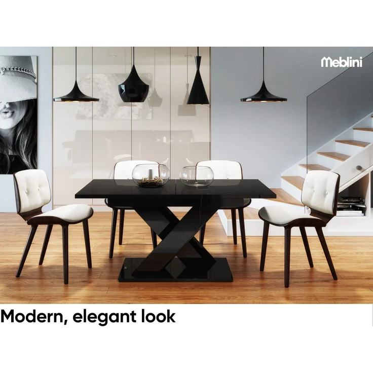 MEBLINI Esstisch Ausziehbar - 140-180x80x75cm - BRONX - Schwarz Hochglanz - Esszimmertisch Modern - Küchentisch - Säulentisch - Ausziehtisch - Dining Table – Bild 5