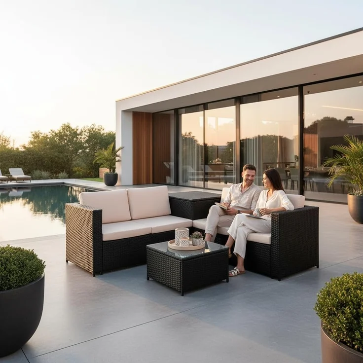 XXL PolyRattan Sitzgruppe Garten Sofa Sitzgarnitur Gartenset Schwarz Auflagenbox – Bild 9