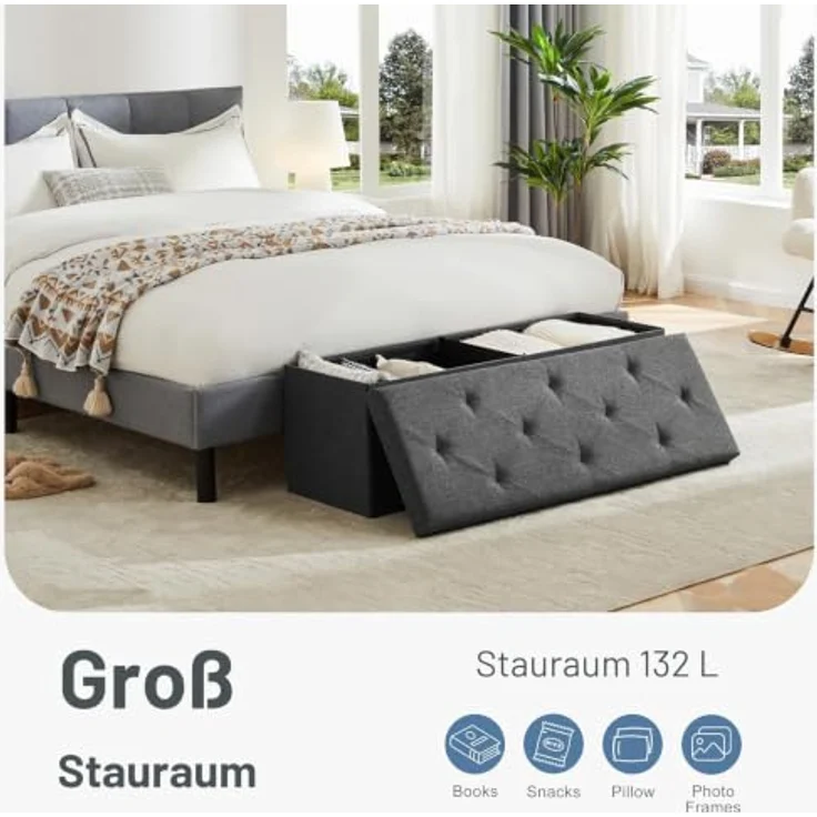 DUMOS 109cm Aufbewahrungs-Hockerbank, Aufbewahrungsbox, Bettfußbank mit gepolstertem Sitz, Schlafzimmerbank für Wohnzimmer, Tragkraft 300kg, Grau – Bild 5