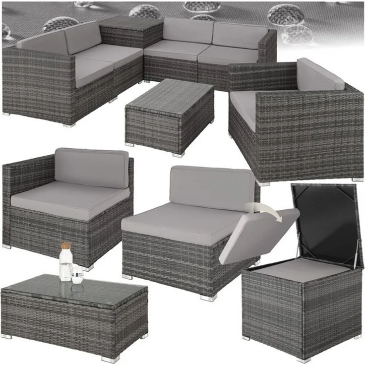 tectake Loungeset Rattan Sitzgruppe mit Sicherheitsglasplatte für 5 Personen, (Gartenlounge-set Pisa, 7-tlg, 7-tlg. in Grau), widerstandsfähig und UV-beständig, Dicke der Polster 8 cm – Bild 4