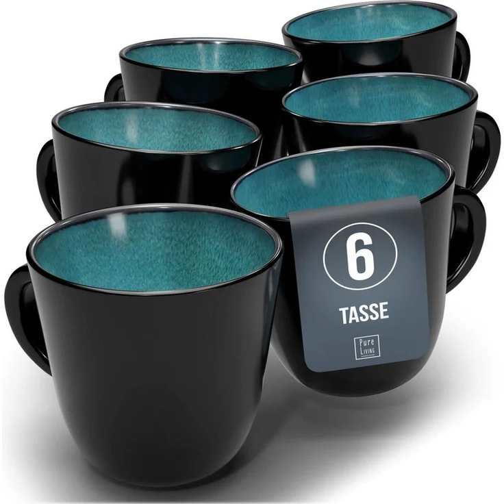 Steingut Kaffeetassen 6 Personen Ibiza TESTSIEGER, Traumhaftes Mediterranes Steingut Tassen Set, Stylisches Tee- und Kaffeebecher Set, Pure Living in Petrol – Bild 1