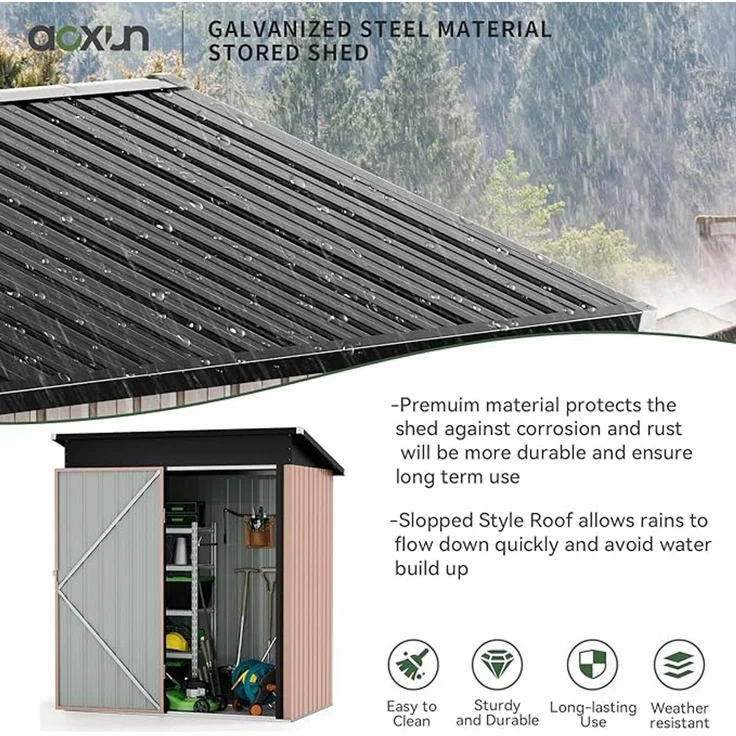Aoxun Gerätehaus Metall 150x91x185cm, Geräteschuppen, Pultdach mit Belüftungslöcher Abschließbarer Tür für Outdoor Garten Schuppen,Braun – Bild 2