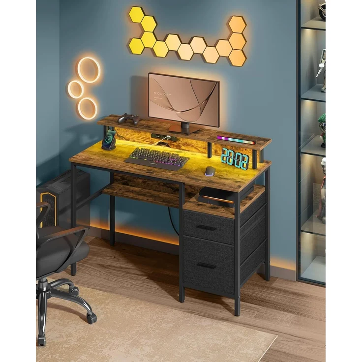 VASAGLE Schreibtisch mit Stoff-Schubladen, Computertisch mit Monitorständer, LED-Beleuchtung, 55 x 120 x 90 cm, eingebaute Steckdosen, 2 USB-A-Anschlüsse, für Homeoffice, vintagebraun LWD093K01 – Bild 2