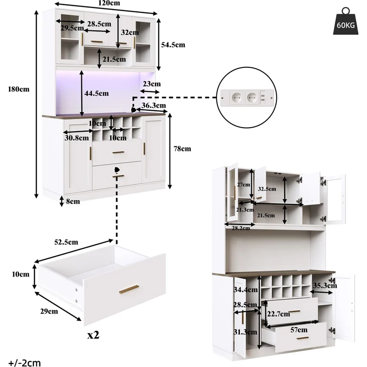 EINHOM Seitenschrank, Aufbewahrungsschrank, Küchenschrank, Anrichte, 120 x 36, 3 x 180 cm, mit LED-Beleuchtung und Steckdose, Sechs Türen, Zwei große Schubladen, Schwarz/weiß, Weiß – Bild 2