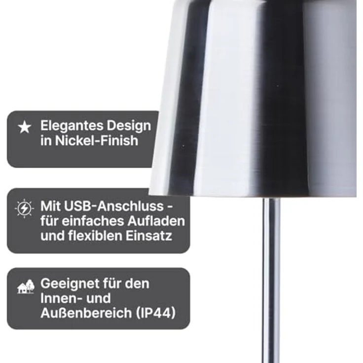Brilliant Xaana LED-Tischlampe - Alu gebürstet, Höhenverstellbares Produkt, touch dimmer stufenlos, IP44 spritzwassergeschützt, 37 cm hoch, USB aufladbar, für den Innen- und Außenbereich – Bild 3