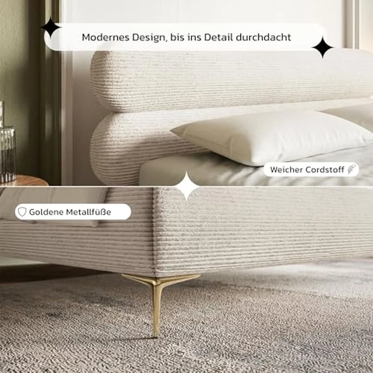 Selsey Polsterbett 140x200 cm Cord Hellbeige – Bett mit Stauraum und Bettkasten, gepolstertes Bett mit Lattenrost und Metallrahmen, Doppelbett Schlafzimmer mit goldfarbenen Füßen und Gasdruckfedern – Bild 7