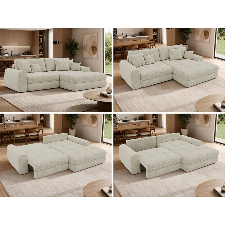 Sofa L-Form ARELIA L mit Schlaffunktion, Wohnzimmer Sofa, Wellenfederung, Sofa mit DL-System - Schenille grob gewebt Creme - Links – Bild 2