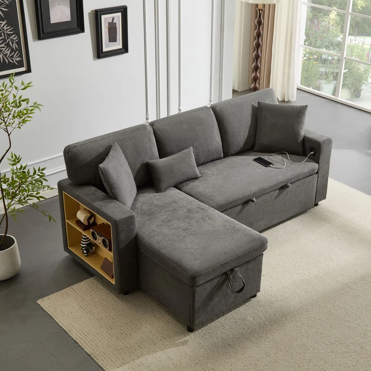 EINHOM Corner Sofa Bett Eckcouch Couch L-Form Schlafcouch Ausziehbar, Bettkasten und integriertem Regal, dunkelgrau, 214 x 131 x 87 cm – Bild 4