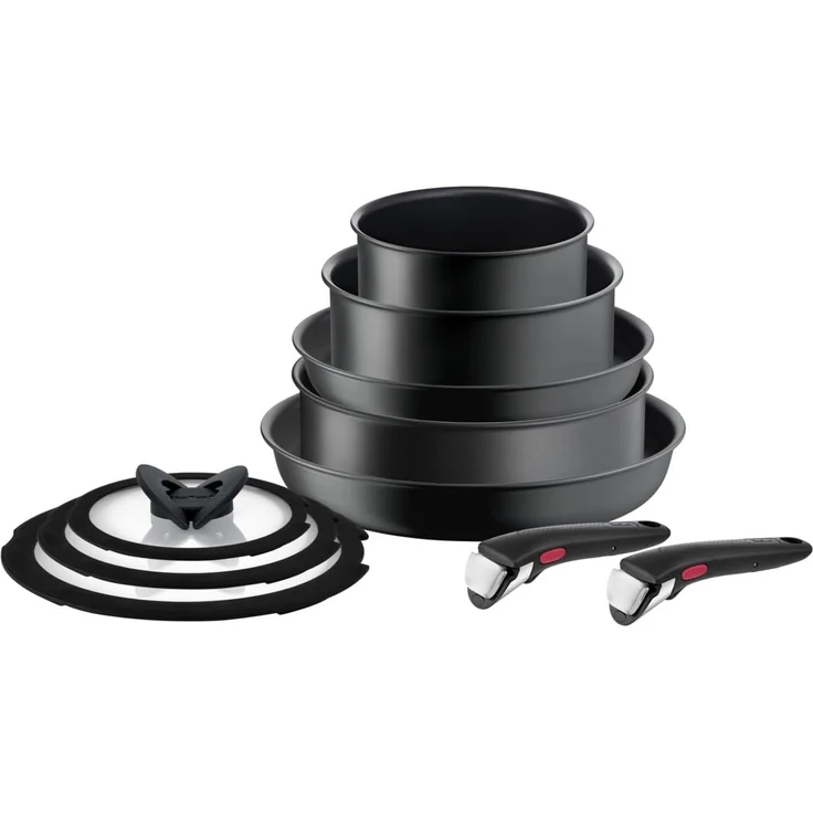 Tefal Topf-Set Ingenio Ultimate, Topf und Pfannenset abnehmbarer Griff, stapelbar, Aluminium (Set, 10-tlg, Kasserolle 16/20cm, Schmorpfanne 24cm, Pfanne 24/28cm, Deckel, Griffe), platzsparend, Pfannenset Induktion mit Antihaftversiegelung, L76491 – Bild 1