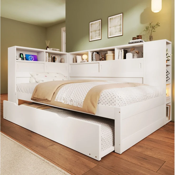 CHICFURN Bett 90x200 cm aus MDF und Spanplatte Weiß mit Ausziehbett, Stauraum und USB-Anschluss – Bild 3