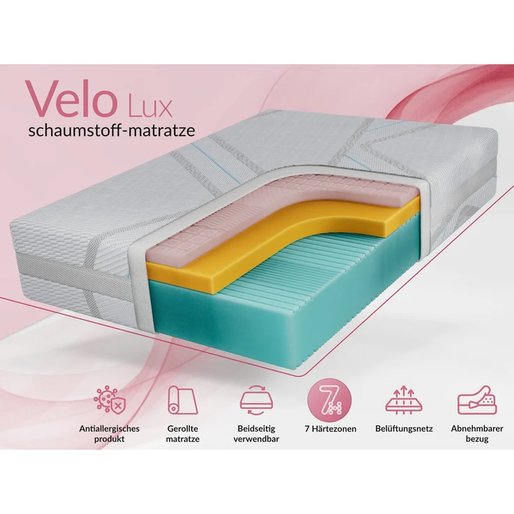 Schaummatratze für Allergiker, 7-Zonen, Visco Schaum memory, Höhe 26 cm, Kaltschaum Matratze, Härtegrad H2 - 120 x 200 cm - VELO - LUX – Bild 2