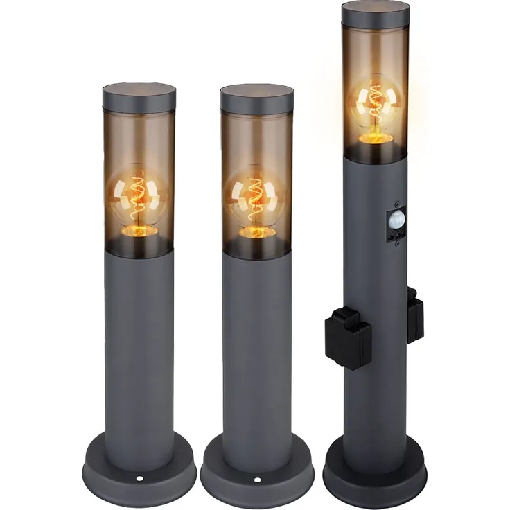 3er Set Sockelleuchte, Bewegungsmelder, 2x Steckdose, anthrazit