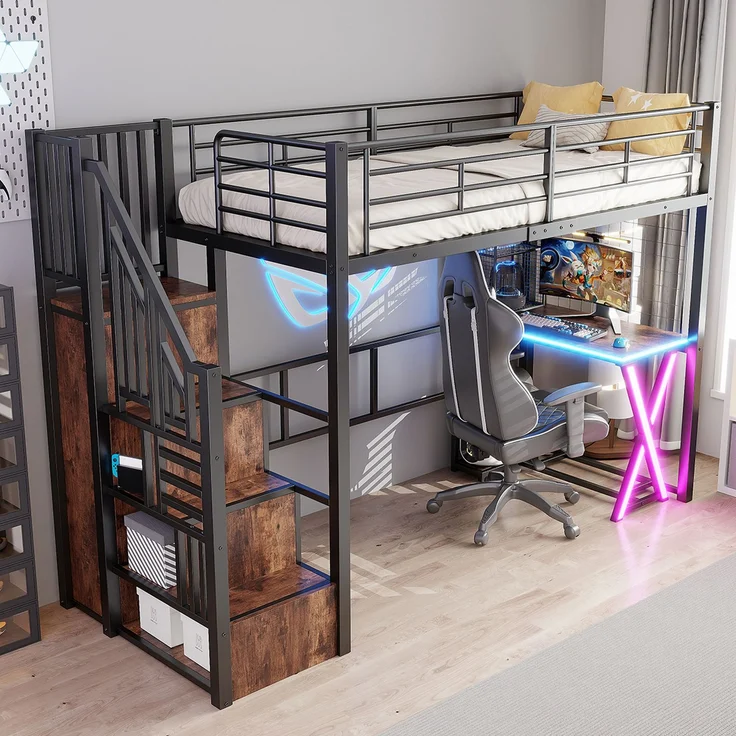 Kinder-Hochbett 90x200 cm mit Schreibtisch, Kleiderschrank, Aufbewahrungsleiter,fernbedienbares LED-Ambientelicht,Schwarz – Bild 4
