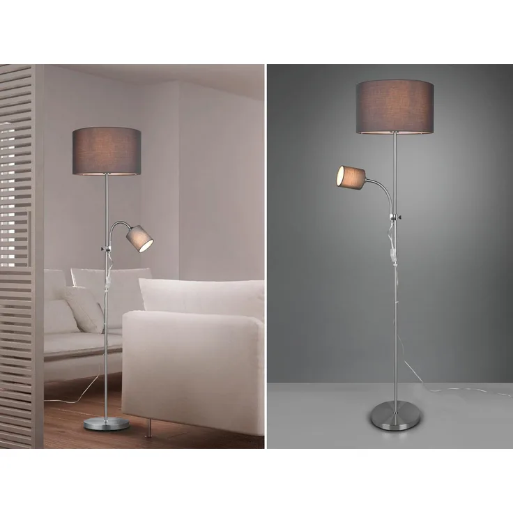 LED Stehleuchte Flexarm mit Leselicht Silber & Stoffschirme Grau - Höhe 160cm