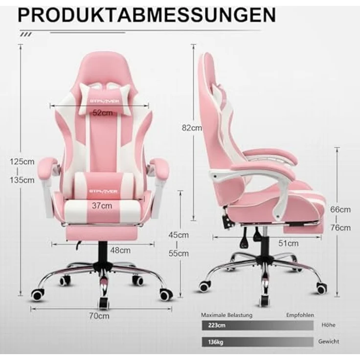 GTPLAYER Gaming Stuhl Bürostuhl Massage Gaming Sessel Ergonomischer Gamer Stuhl mit Fußstütze, Kopfstütze Massage-Lendenkissen, Gepolstert Gaming Chair, Drehsessel, rosa – Bild 2