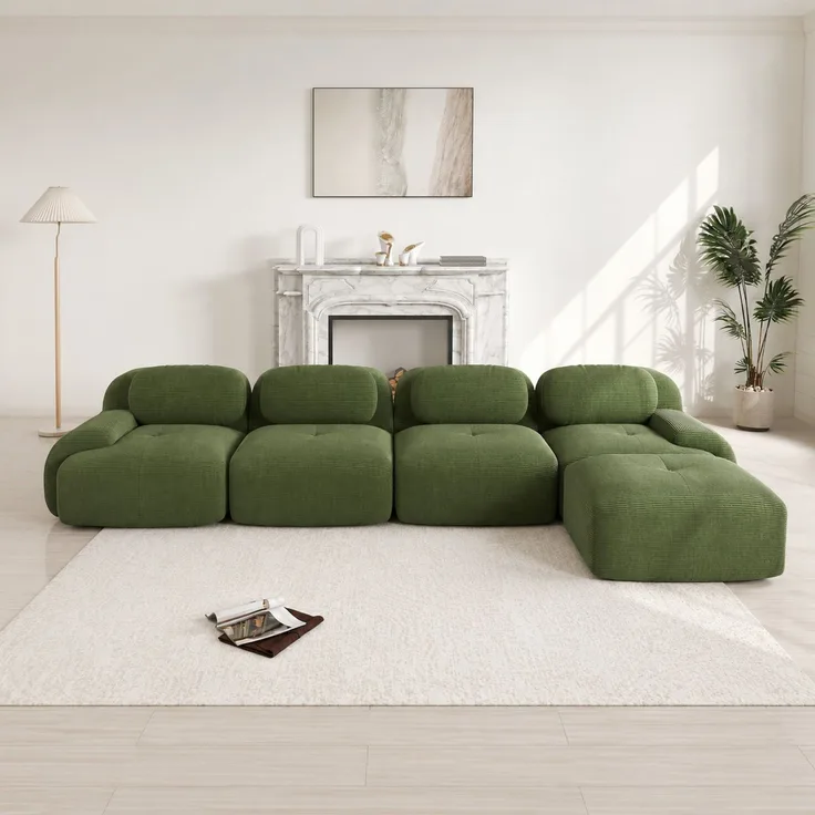 DESVIAE Sofa modular und rahmenlos aus Cordstoff Grün mit 32D-Hochdichteschaum, 388 x 178 x 70 cm