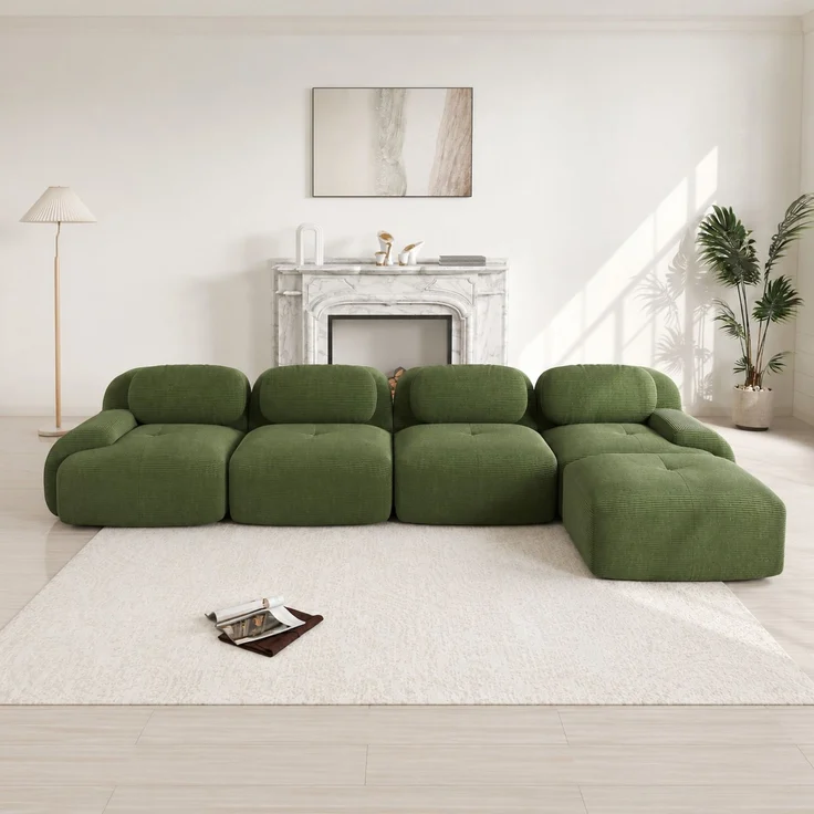 DESVIAE Sofa modular und rahmenlos aus Cordstoff Grün mit 32D-Hochdichteschaum, 388 x 178 x 70 cm – Bild 1