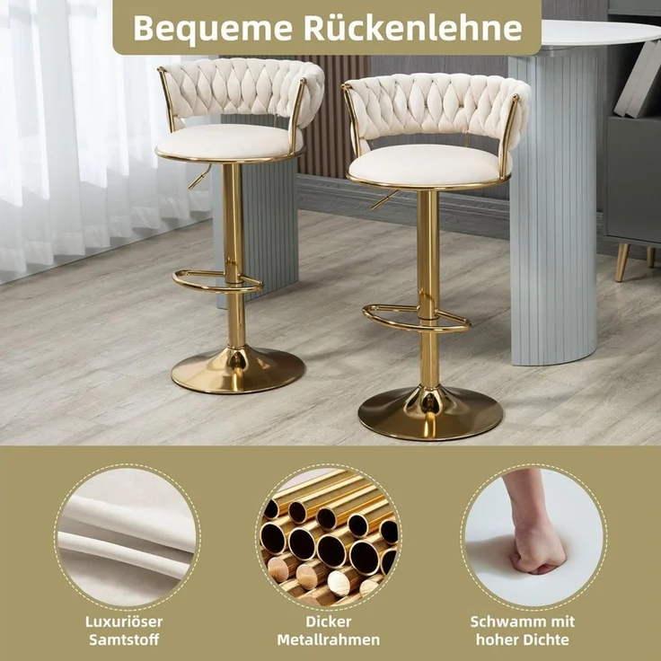PFCTART Barhocker Samt Barhocker 2er Set, 360° drehbar & höhenverstellbar (Set, 2 St, Goldene Basis, für Küche, Esszimmer & Kücheninsel), Handgefertigte Rückenlehne, weich gepolstert, luxuriöser Samt – Bild 2