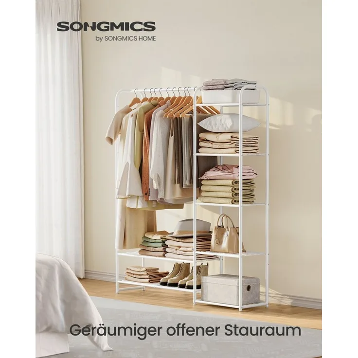 SONGMICS Kleiderständer, offener Kleiderschrank, Kleiderstange, Garderobenständer mit Ablagen, Garderobe aus Metall, freistehend, 29 x 112 x 158,4 cm