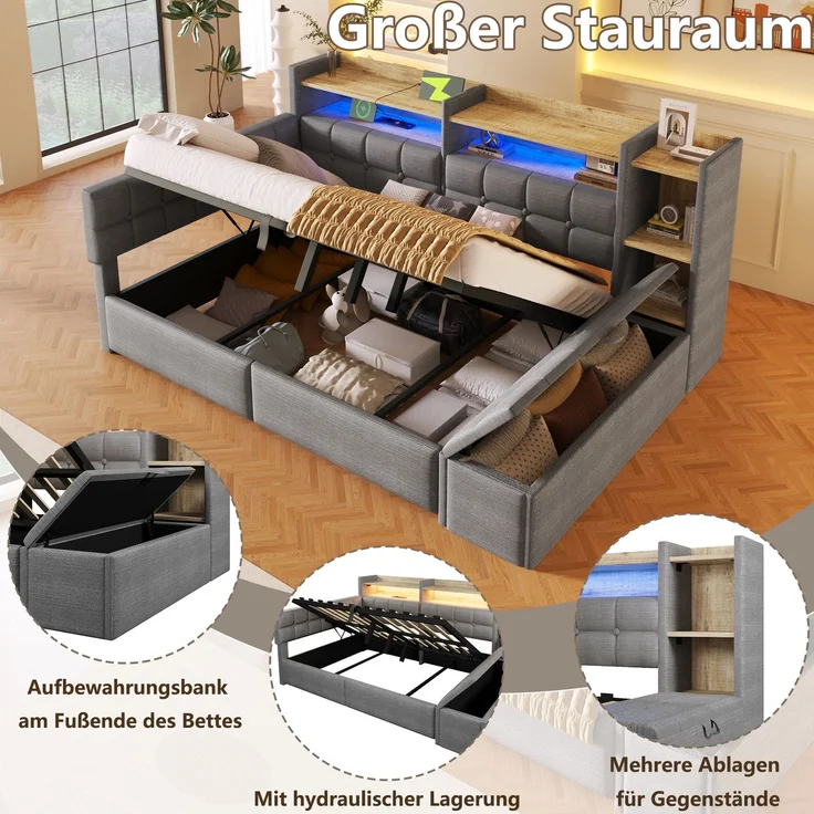 Tagesbett, Daybett, Schlafsofa, 90 × 200 cm, mit hydraulischer Lagerung, USB- und Typ-C-Anschlüssen, Ablagefach, Stauraumbank am Fußende, LED-Lichtleiste, Ohne Matratze, Velvet, Dunkelgrau – Bild 5
