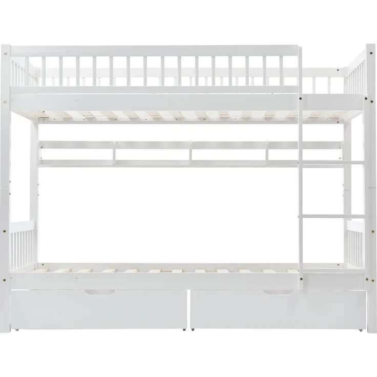 Merax Etagenbett, Kinderbett, mit 3-tufige rechtwinklige Leiter, Links oder rechts montierbare Treppe, mit Fallschutzgitter, Regale und MDF-Schubladen, Kiefernholzrahmen, Weiß, 90x200cm – Bild 8