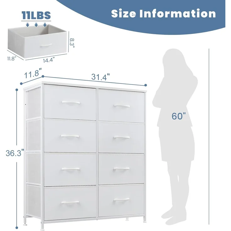 DUMOS Kommode für Schlafzimmer mit 8 Stoffschubladen, hohe Kommode Organizer für Kleidung, Schrank Kinderzimmer, Aufbewahrungsturm mit Schrank, Metallrahmen, Holzplatte, leichte Kinderzimmermöbel – Bild 3