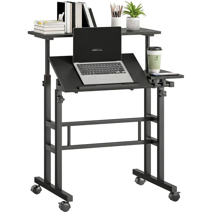 MELAYR, Steh-Sitz-Schreibtisch, höhenverstellbarer Schreibtisch 70 x 60 cm mit Rollen, neigbarer Tischplatte, Schwarz