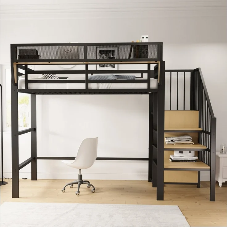 Odikalo Hochbett Kinderbett Metallbett Leiter Fallschutz Staufach 90x200 Weiß/Schwarz – Bild 1
