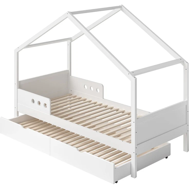 Bellabino 'Bela' Hausbett 90x200 cm mit Gästebett 90x190 cm, weiß, Kiefer Massivholz, Montessori Kinderbett mit Ausziehbett, inkl. Rausfallschutz und Lattenrost – Bild 2