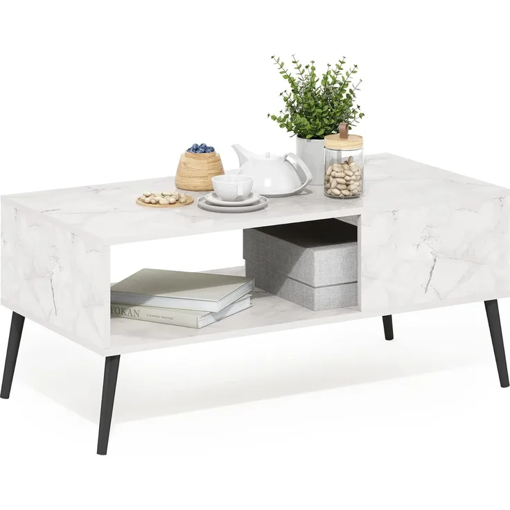 Furinno Claude Couchtisch im Stil von Mid Century mit Holzbeinen, Engineered Wood, Marmorweiß, 50. 01 (D) x 100. 00 (W) x 45. 01 (H) cm