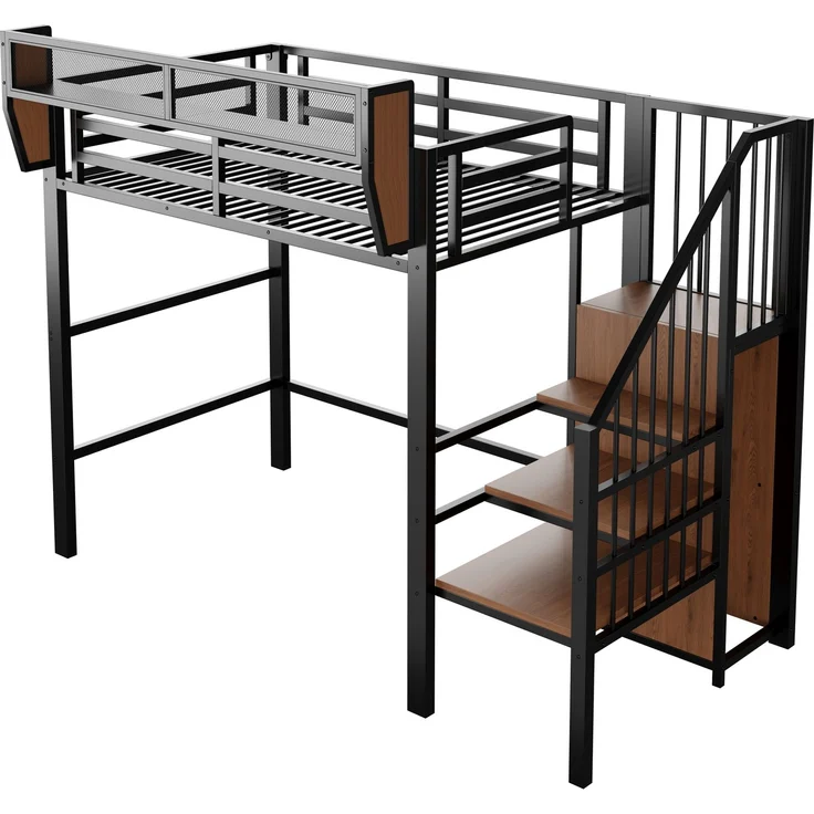 ZUBALIYA Hochbett 90 × 200 cm, Metall, LED-Beleuchtung, Leiter, Schwarz – Bild 12