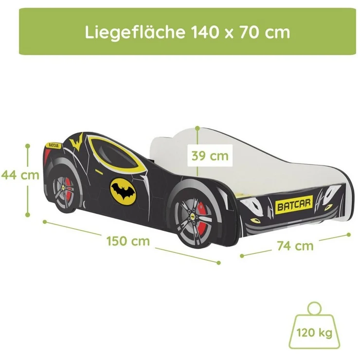 Kids Collective Autobett 70x140 und 80x160 cm Kinderbett Jugendbett mit Rausfallschutz (Spielbett Batman Batmobil Bat Car Auto), Kinderbett 70x140 cm mit Lattenrost - für Kinder ab 2 Jahren – Bild 4
