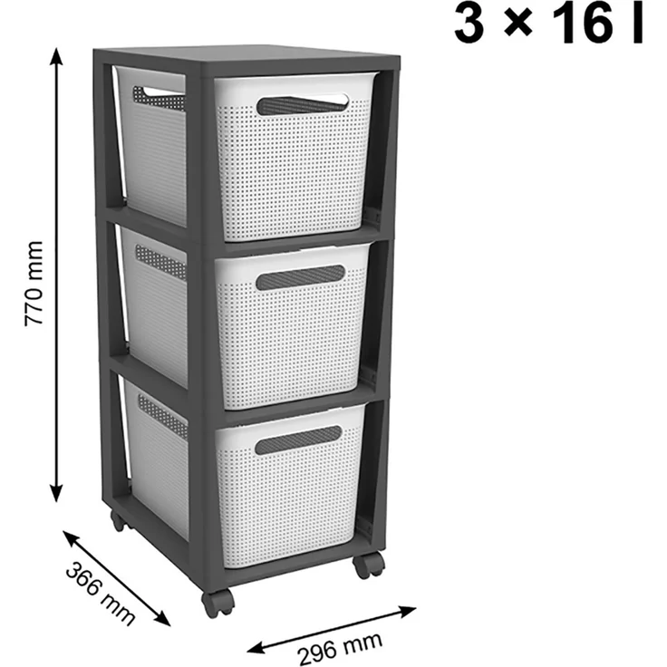 Rotho Brisen Rollcontainer auf Rädern mit 3 Aufbewahrungskörben 3x 16L Schubladen Schubladen-Box Lochmuster-Optik Aufbewahrungsbox aus Kunststoff 36,6 x 29,6 x 77 cm (Weiß) – Bild 3