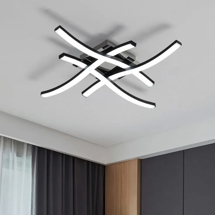 DELIPOP – Moderne 24W 6500K Schwarze LED – Deckenleuchte, Gebogenes Design, Kronleuchter für Wohnzimmer, Schlafzimmer, Esszimmer, Küche – 4 LEDs – 45x45x8cm