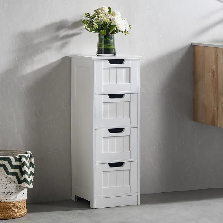 Bath Vida Badezimmerschrank mit 4 Schubladen, bodenstehende Aufbewahrungseinheit, Holz, weiß