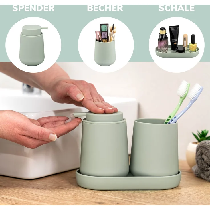Bad-Accessoires Set TESERO 5tlg. bestehend aus 1x Seifenspender, 1x Becher, 1x Schale, 1x WC-Garnitur, 1x Kosmetikeimer aus Kunststoff in Salbei – Bild 3