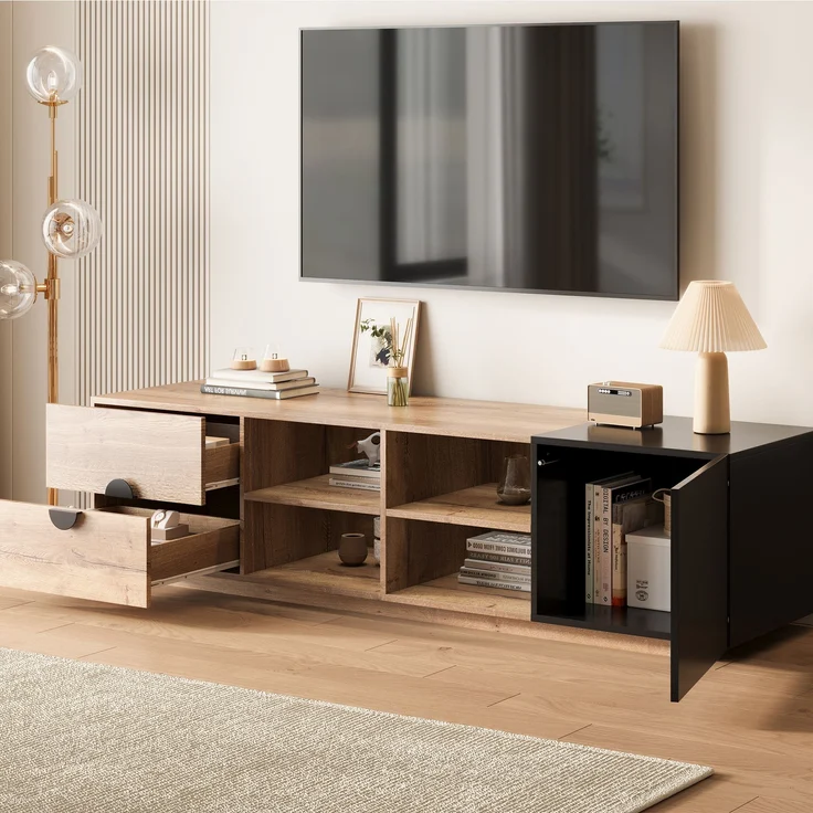 Fernsehtisch, Holzwerkstoff mit LED & Schublade, 180x38,5x47 cm, Schwarz/Natur – Bild 3