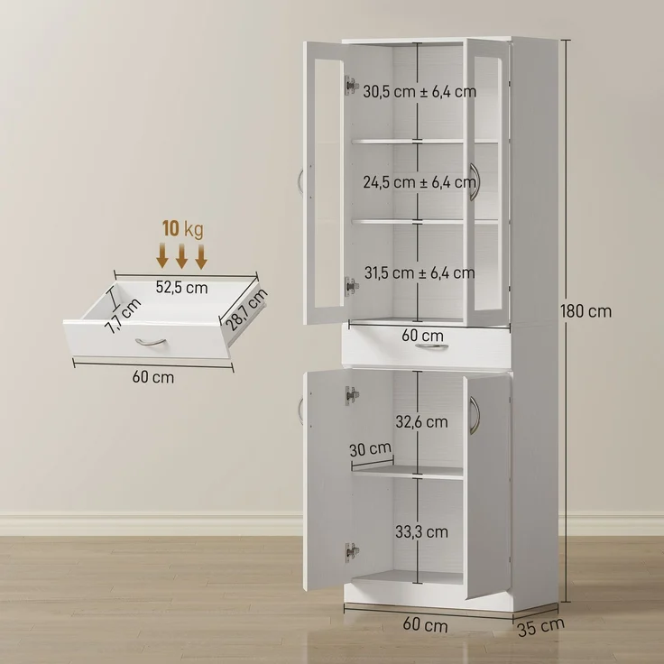 MELAYR, Küchenschrank Buffetschrank mit verstellbar Regal Schublade 2 Schrank Hochschrank mit Glastür 60 x 35 x, Weiß – Bild 5