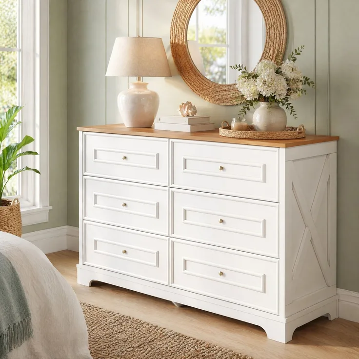 DESVIAE Sideboard mit 6 Schubladen 120x76x40 cm MDF und Spanplatte Weiß/Naturholz