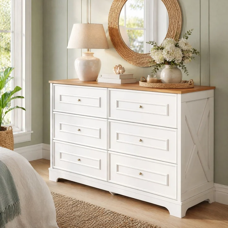 DESVIAE Sideboard mit 6 Schubladen 120x76x40 cm MDF und Spanplatte Weiß/Naturholz – Bild 1